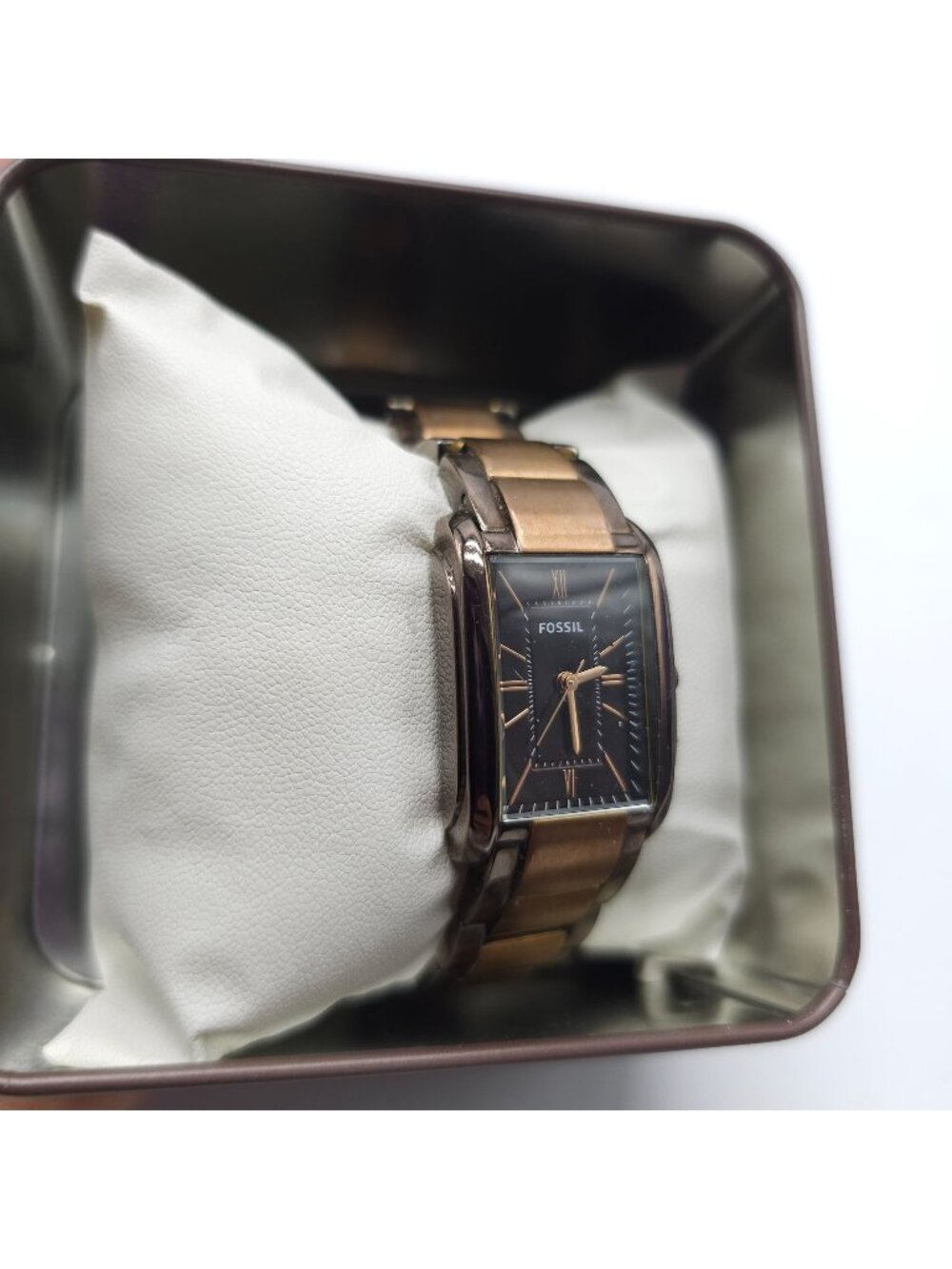 Fossil Womens Rose Gold Rectangular Dial Watch With Original Tin Box ES-3007